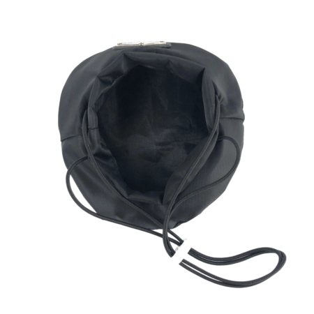 Black dog beret opened showing mesh interior lining and elastic cord system