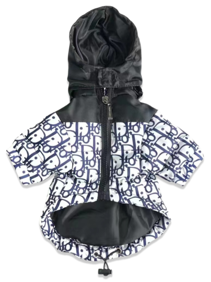 Black technical dog raincoat Dior inspired with oblique monogram print panels and hood