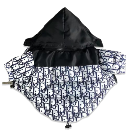 Dogior oblique print raincoat flat lay showing full zip and adjustable hood