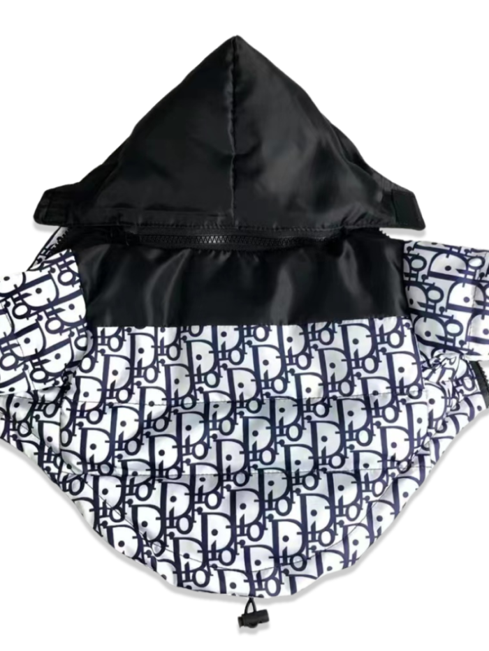 Dogior oblique print raincoat flat lay showing full zip and adjustable hood