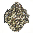 Woodland camo dog windbreaker with shark teeth hood graphics BAPE inspired flat lay