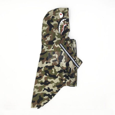 Side view camo dog windbreaker showing shark mouth detail on hood A Bathing Ape style