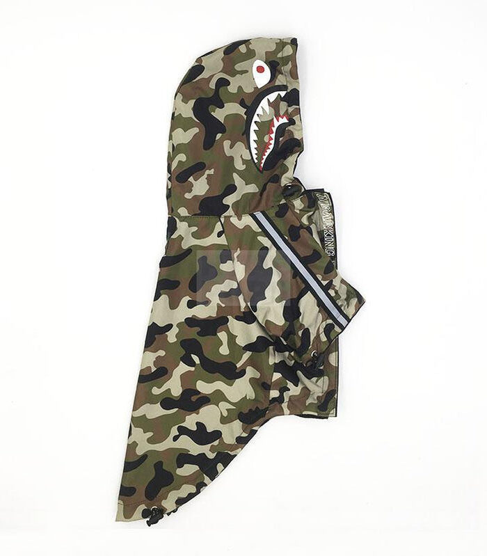 Side view camo dog windbreaker showing shark mouth detail on hood A Bathing Ape style