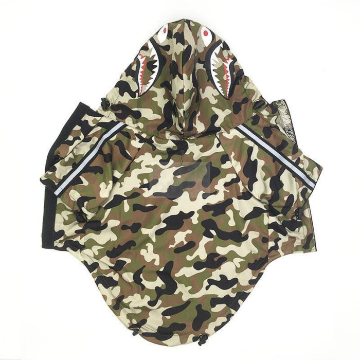 Woodland camo dog windbreaker with shark teeth hood graphics BAPE inspired flat lay