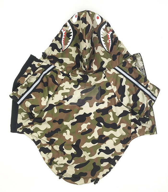 Woodland camo dog windbreaker with shark teeth hood graphics BAPE inspired flat lay