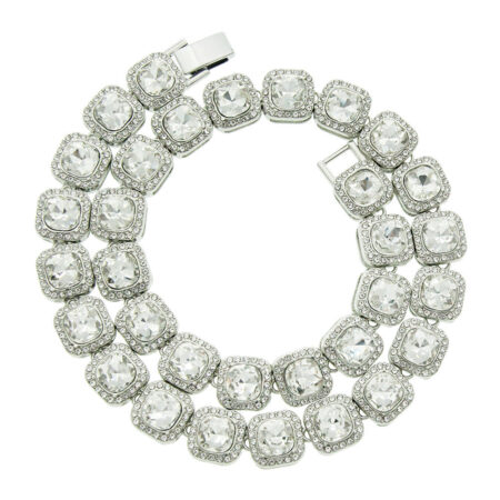 Silver clustered tennis necklace with CZ stones showing quick-release clasp