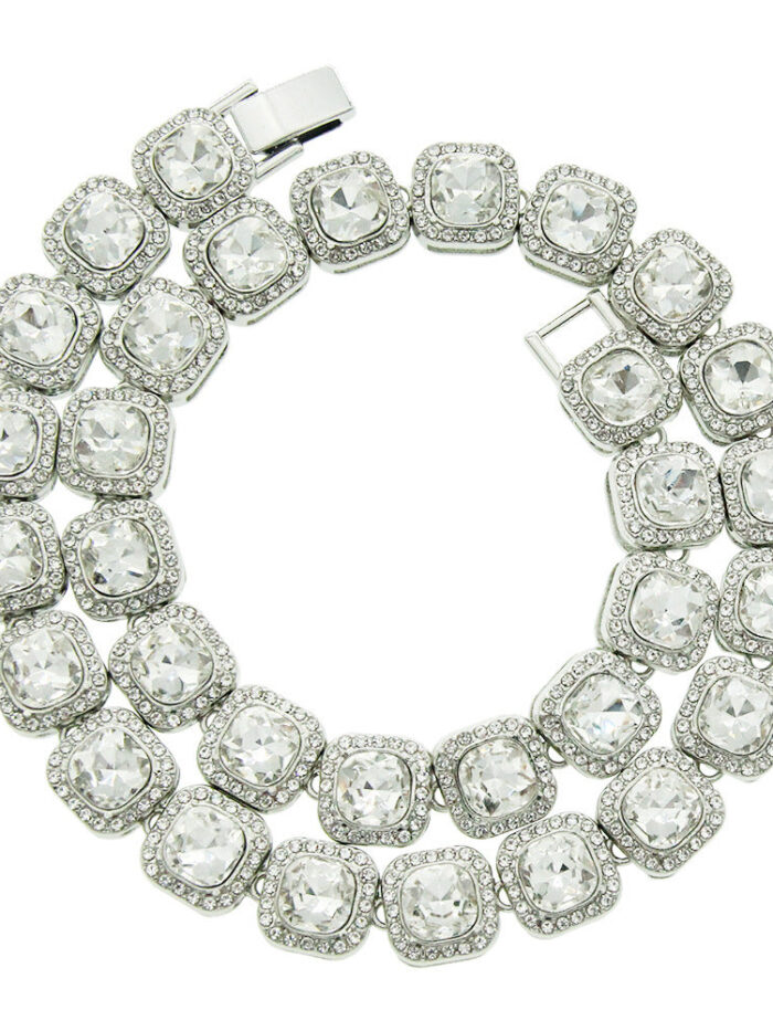 Silver clustered tennis necklace with CZ stones showing quick-release clasp