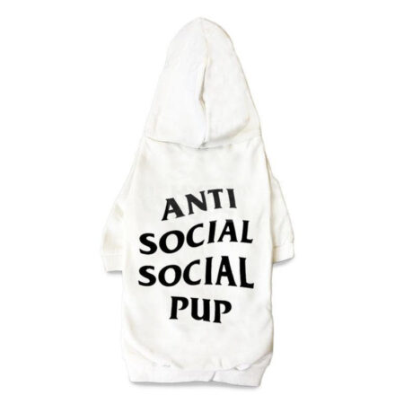 White dog hoodie with black Anti Social Social Pup text on back inspired by Anti Social Social Club