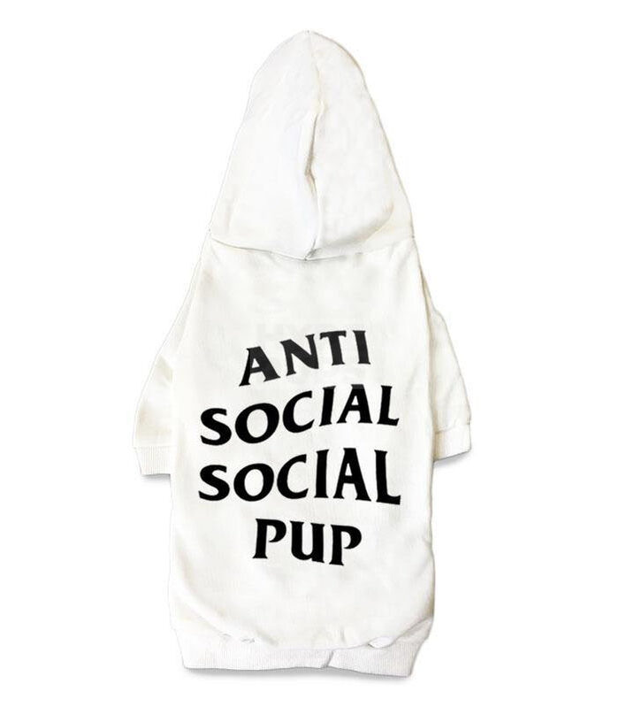 White dog hoodie with black Anti Social Social Pup text on back inspired by Anti Social Social Club