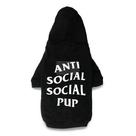 Black dog hoodie with white Anti Social Social Pup text on back inspired by Anti Social Social Club