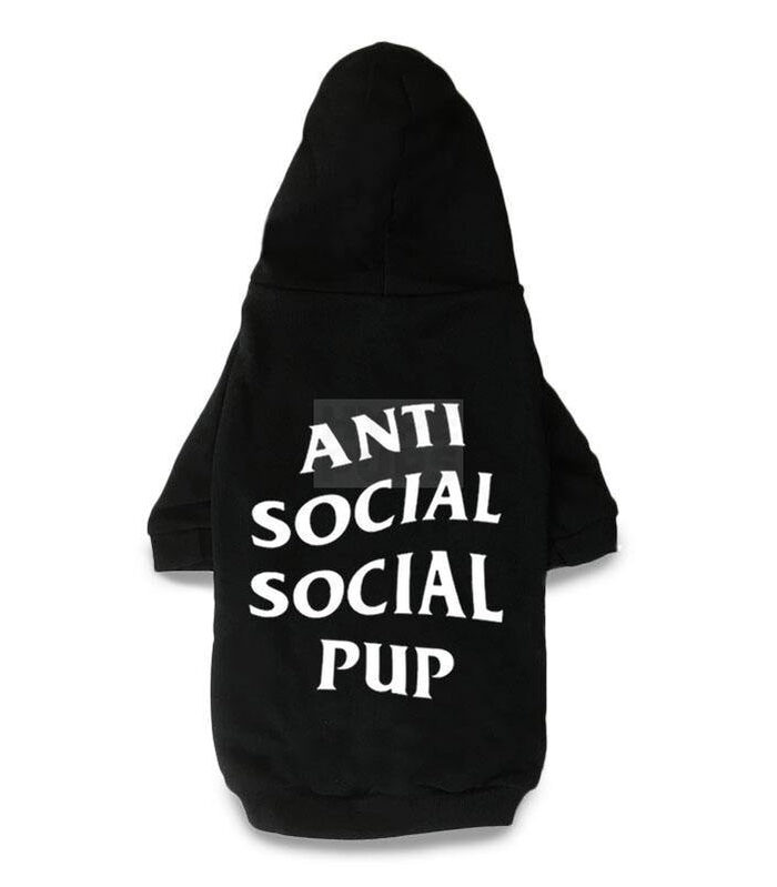 Black dog hoodie with white Anti Social Social Pup text on back inspired by Anti Social Social Club