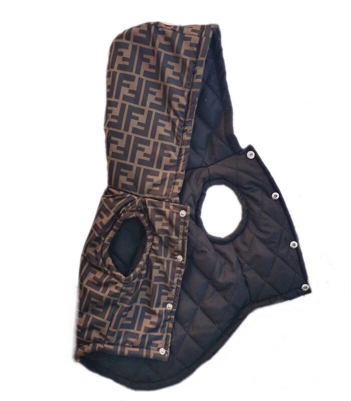 Brown and tan FF monogram quilted dog vest with snap closures inspired by Fendi