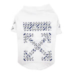 White dog tee with black cabin baggage tape pattern and diagonal stripes