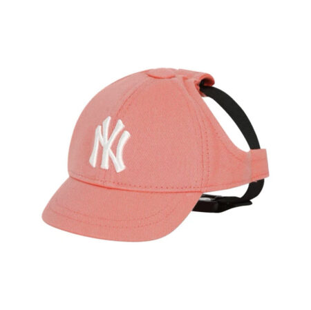 Pink dog baseball cap with white embroidered NY Yankees logo and black chin strap