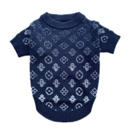 Navy knit dog sweater with white gradient monogram pattern inspired by Louis Vuitton
