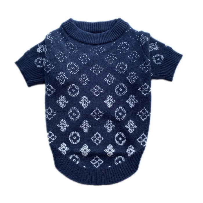 Navy knit dog sweater with white gradient monogram pattern inspired by Louis Vuitton