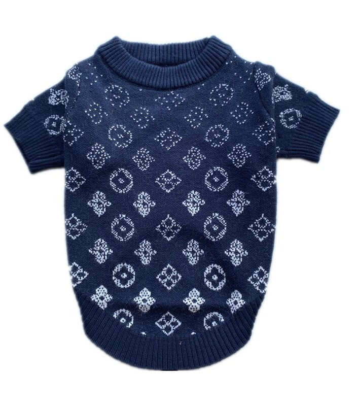 Navy knit dog sweater with white gradient monogram pattern inspired by Louis Vuitton