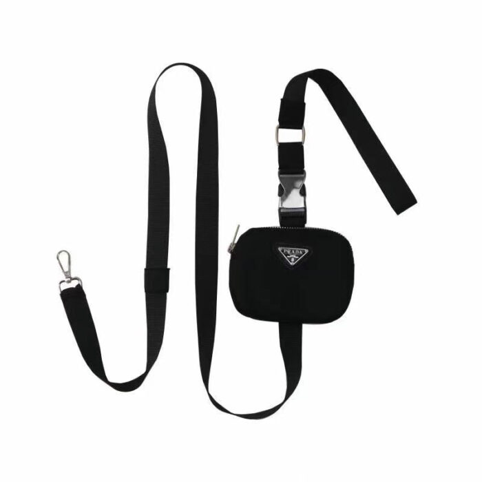 Black nylon dog leash with triangle logo mini pouch Prada inspired walking set