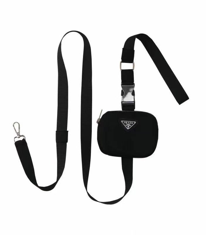 Black nylon dog leash with triangle logo mini pouch Prada inspired walking set