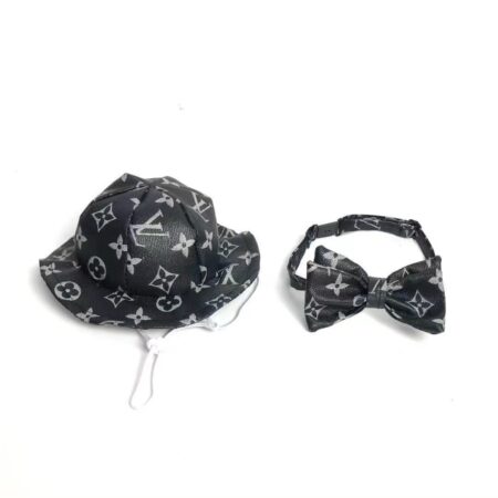 Black monogram bucket hat and bow tie set Louis Vuitton style on white background