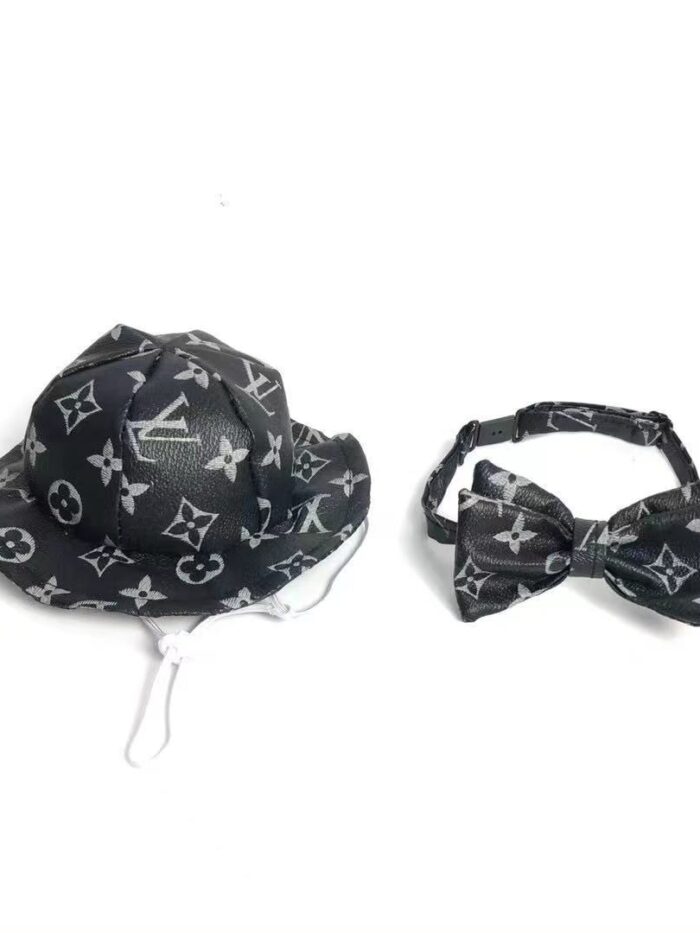 Black monogram bucket hat and bow tie set Louis Vuitton style on white background