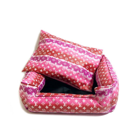 Pink watercolor monogram dog bed with gradient LV pattern and black interior