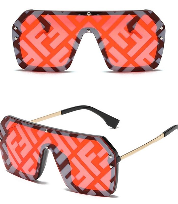 Red gradient dog sunglasses with geometric F monogram pattern Fendi inspired