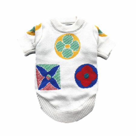 White knit dog sweater with colorful floral Louis Vuitton inspired monogram pattern