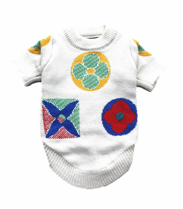 White knit dog sweater with colorful floral Louis Vuitton inspired monogram pattern