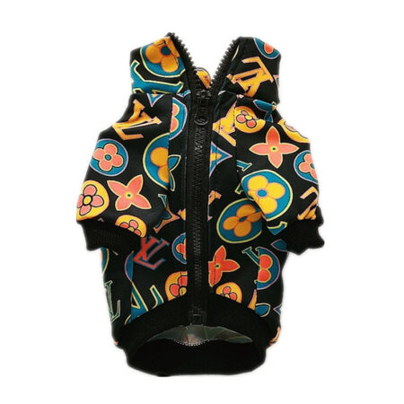 Black dog jacket with colorful V monogram print Louis Vuitton style with full zip closure
