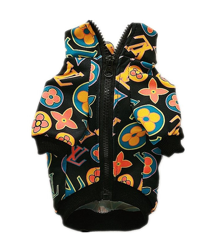 Black dog jacket with colorful V monogram print Louis Vuitton style with full zip closure