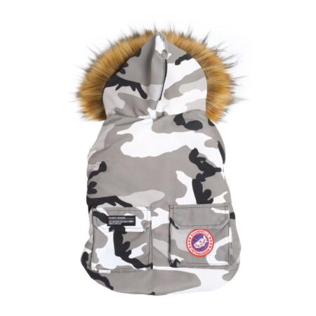 Gray camo puffer dog jacket with faux fur hood trim and Canada Pooch patch logo