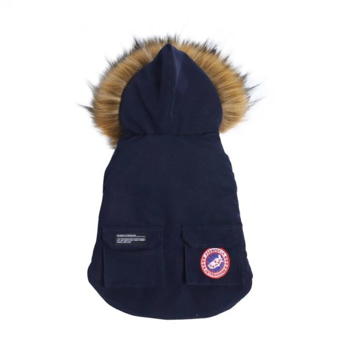Navy blue puffer dog jacket with faux fur hood Canada Goose style on white background