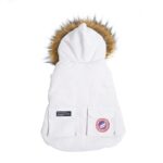 White puffer dog jacket with faux fur trim hood and circular patch logo