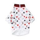 White monogram dog bomber jacket with red hearts and striped collar Louis Vuitton inspired