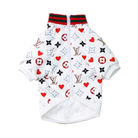 White monogram dog bomber jacket with red hearts and striped collar Louis Vuitton inspired