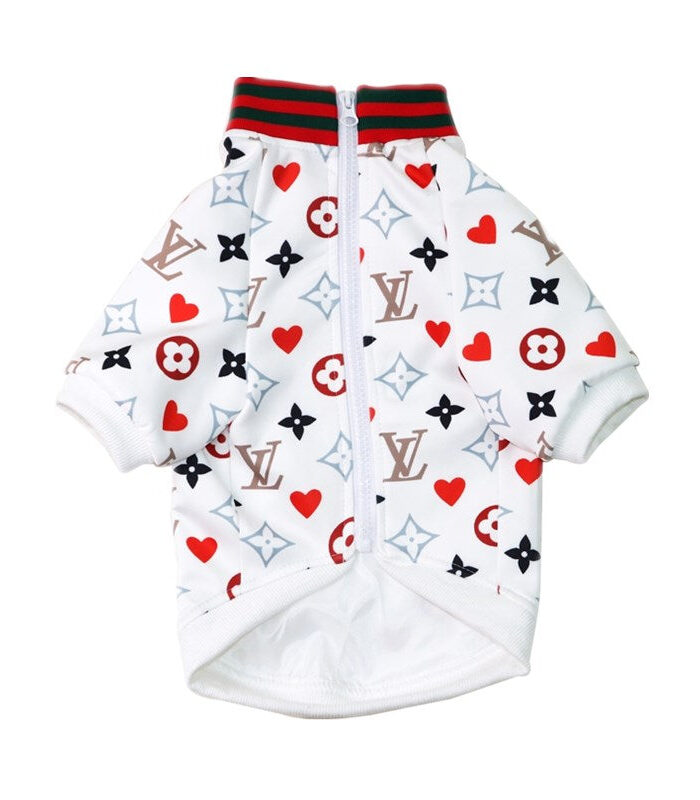 White monogram dog bomber jacket with red hearts and striped collar Louis Vuitton inspired