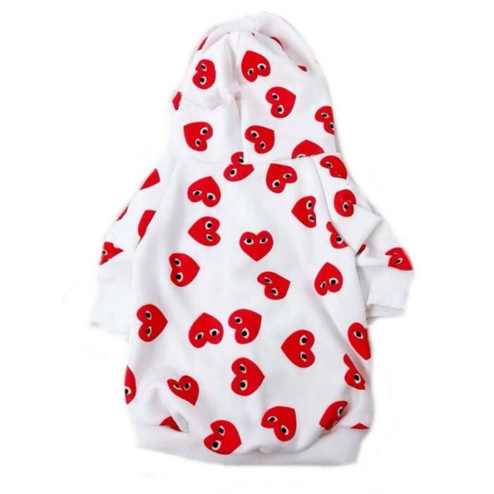 White dog hoodie with red heart print pattern inspired by Comme des Garçons CDG