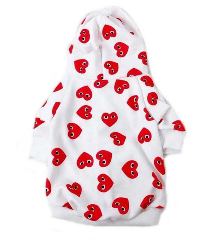 White dog hoodie with red heart print pattern inspired by Comme des Garçons CDG