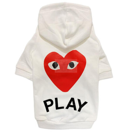 White dog hoodie with red heart-with-eyes logo and PLAY text on back CDG inspired