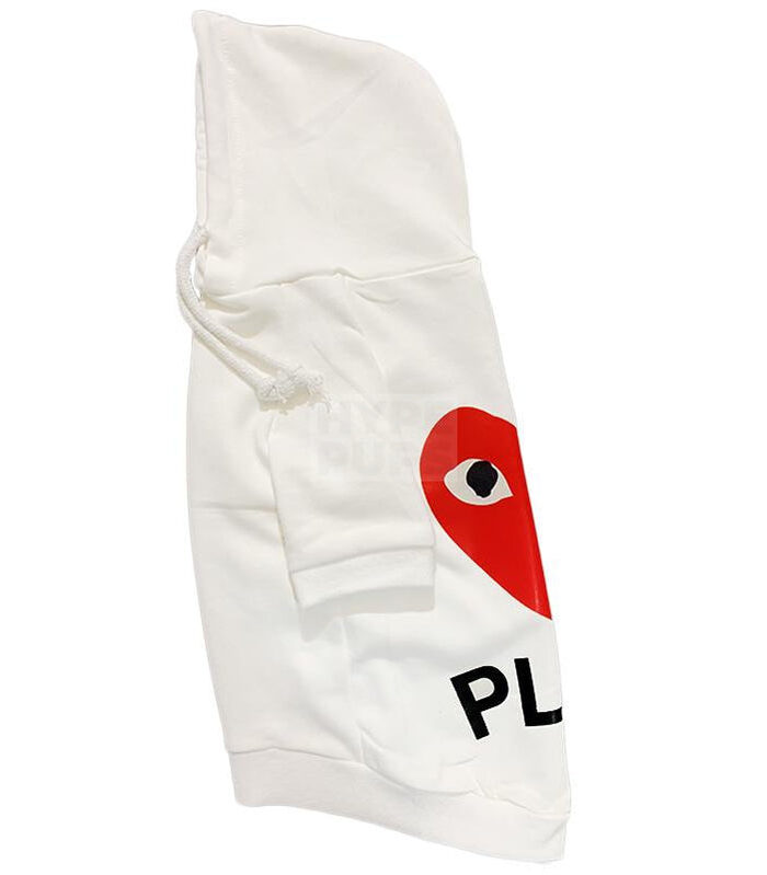 Side view of white CDG dog hoodie showing partial red heart logo