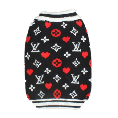 Black V monogram dog sweater with hearts flat lay Louis Vuitton style pattern