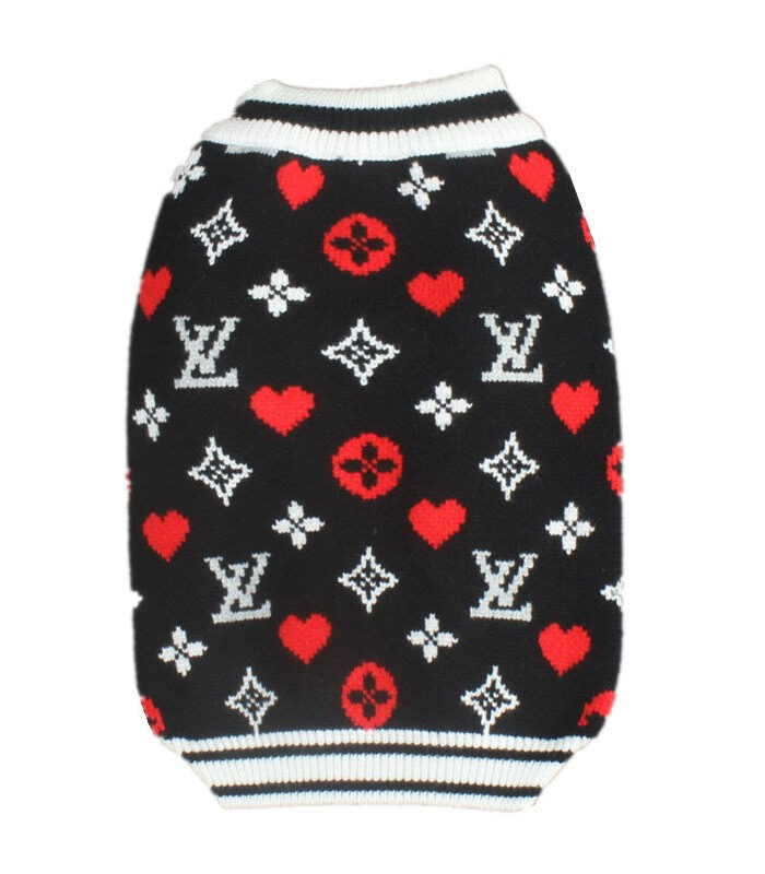 Black V monogram dog sweater with hearts flat lay Louis Vuitton style pattern