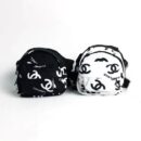 Black and white canvas dog backpacks with Chanel inspired logo print