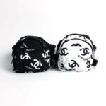 Black and white canvas dog backpacks with Chanel inspired logo print