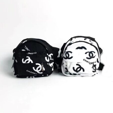 Black and white canvas dog backpacks with Chanel inspired logo print