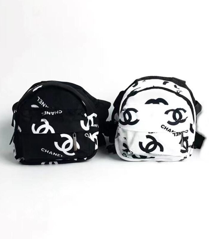 Black and white canvas dog backpacks with Chanel inspired logo print
