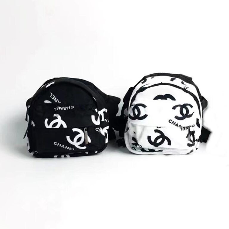 Black and white canvas dog backpacks with Chanel inspired logo print