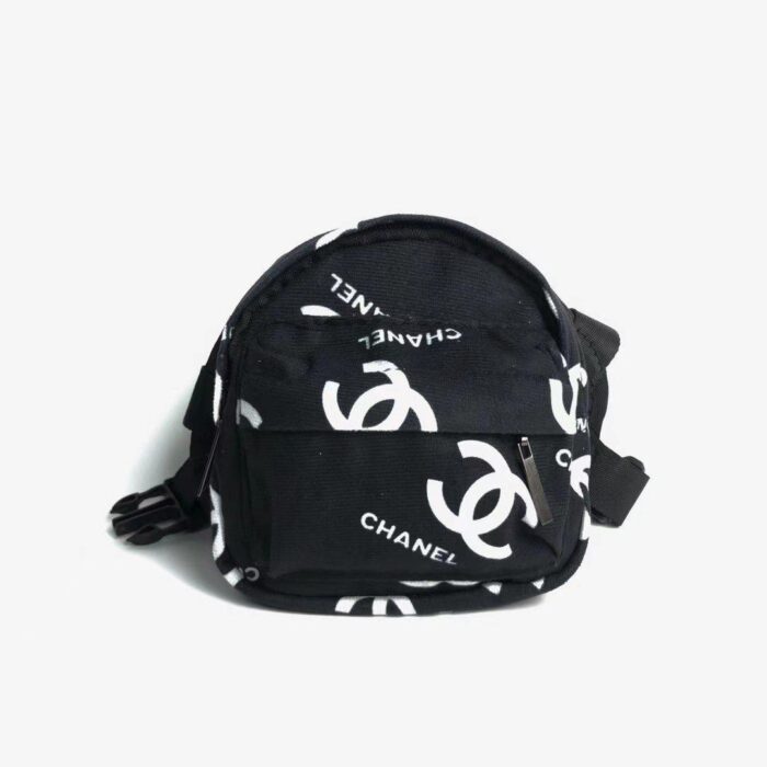 Black canvas dog backpack with Chanel style interlocking logo pattern