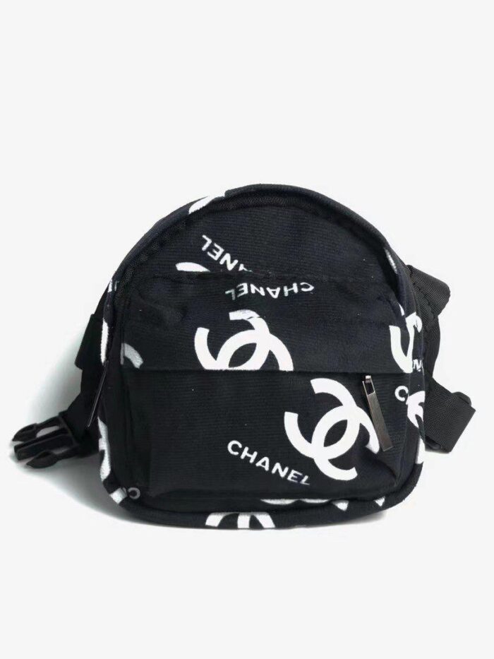 Black canvas dog backpack with Chanel style interlocking logo pattern